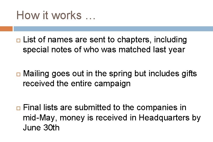 How it works … List of names are sent to chapters, including special notes