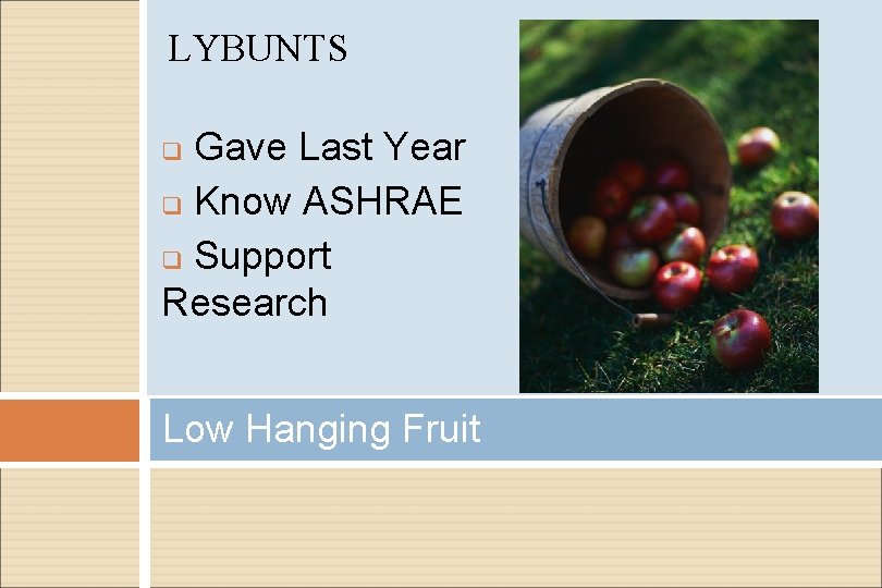 LYBUNTS Gave Last Year q Know ASHRAE q Support Research q Low Hanging Fruit