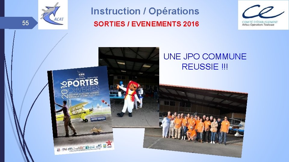 Instruction / Opérations 55 SORTIES / EVENEMENTS 2016 UNE JPO COMMUNE REUSSIE !!! AG