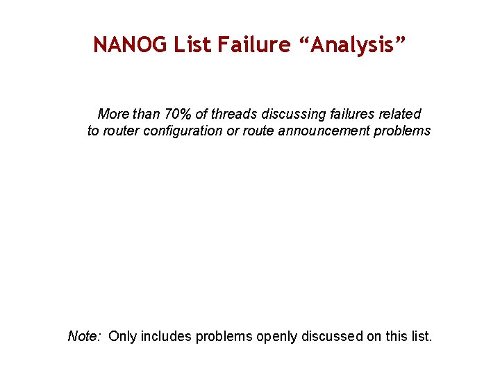 NANOG List Failure “Analysis” More than 70% of threads discussing failures related to router