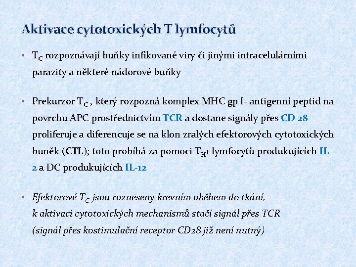 Aktivace cytotoxických T lymfocytů § TC rozpoznávají buňky infikované viry či jinými intracelulárními parazity