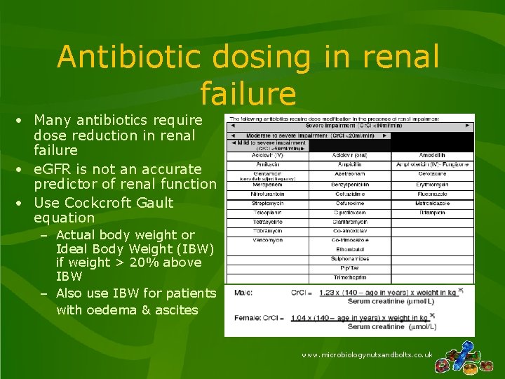 Antibiotic dosing in renal failure • Many antibiotics require dose reduction in renal failure