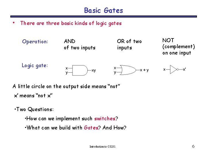 Basic Gates • There are three basic kinds of logic gates Operation: AND of