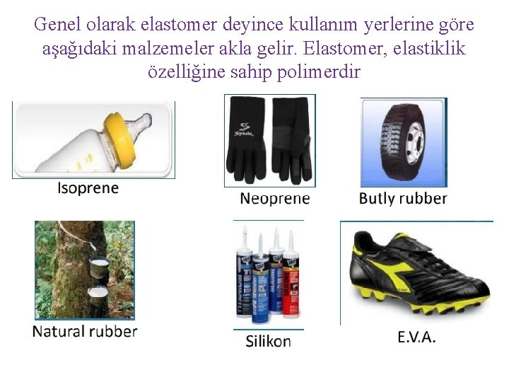 Genel olarak elastomer deyince kullanım yerlerine göre aşağıdaki malzemeler akla gelir. Elastomer, elastiklik özelliğine