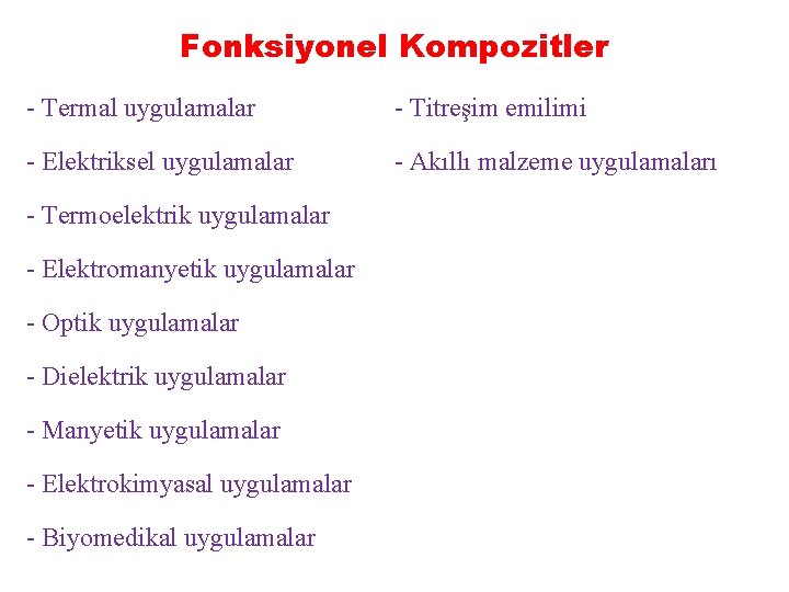 Fonksiyonel Kompozitler - Termal uygulamalar - Titreşim emilimi - Elektriksel uygulamalar - Akıllı malzeme