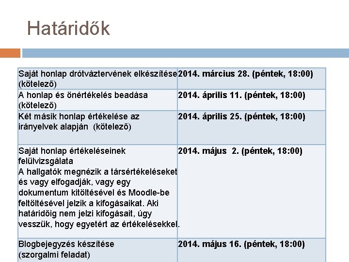 Határidők Saját honlap drótváztervének elkészítése 2014. március 28. (péntek, 18: 00) (kötelező) A honlap