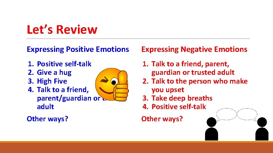 Let’s Review Expressing Positive Emotions Expressing Negative Emotions 1. 2. 3. 4. 1. Talk