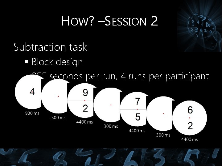 HOW? –SESSION 2 Subtraction task § Block design § 255 seconds per run, 4 HOW? –SESSION 2 Subtraction task § Block design § 255 seconds per run, 4