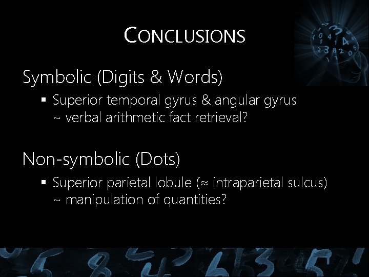 CONCLUSIONS Symbolic (Digits & Words) § Superior temporal gyrus & angular gyrus ~ verbal CONCLUSIONS Symbolic (Digits & Words) § Superior temporal gyrus & angular gyrus ~ verbal