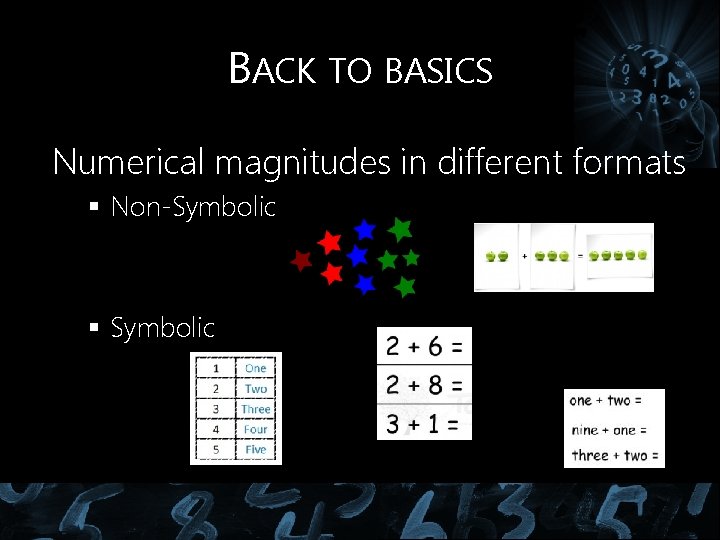 BACK TO BASICS Numerical magnitudes in different formats § Non-Symbolic § Symbolic BACK TO BASICS Numerical magnitudes in different formats § Non-Symbolic § Symbolic