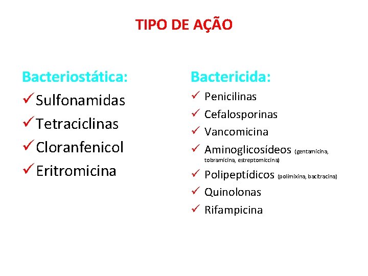 TIPO DE AÇÃO Bacteriostática: ü Sulfonamidas ü Tetraciclinas ü Cloranfenicol ü Eritromicina Bactericida: ü