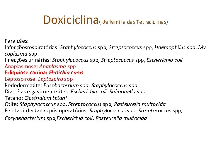 Doxiciclina( da familia das Tetraciclinas) Para cães: Infecçõesrespiratórias: Staphylococcus spp, Streptococcus spp, Haemophilus spp,