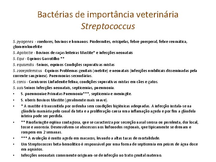 Bactérias de importância veterinária Streptococcus S. pyogenes - roedores, bovinos e humanos. Piodermites, erisipelas,