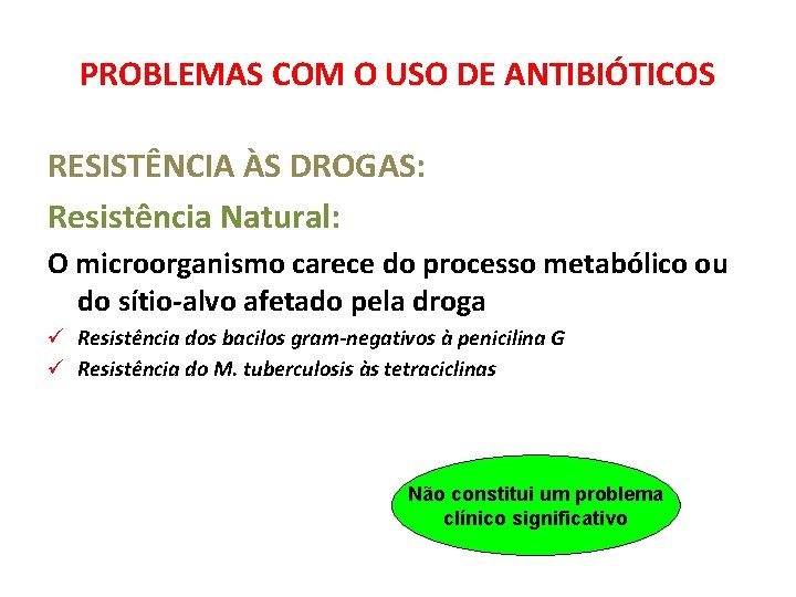 PROBLEMAS COM O USO DE ANTIBIÓTICOS RESISTÊNCIA ÀS DROGAS: Resistência Natural: O microorganismo carece