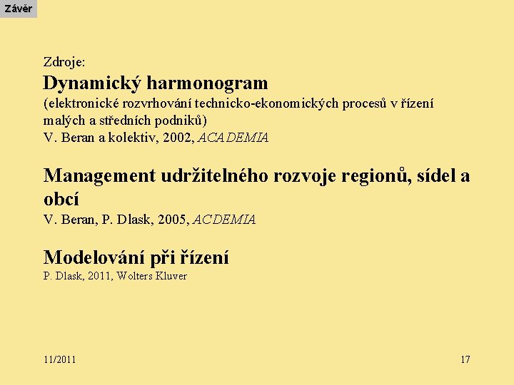 Závěr Zdroje: Dynamický harmonogram (elektronické rozvrhování technicko-ekonomických procesů v řízení malých a středních podniků)