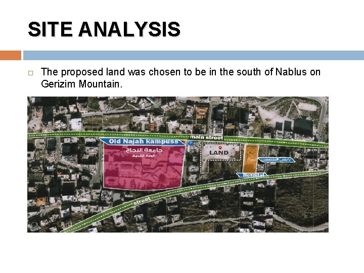SITE ANALYSIS The proposed land was chosen to be in the south of Nablus