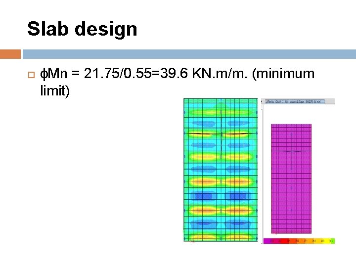 Slab design ɸMn = 21. 75/0. 55=39. 6 KN. m/m. (minimum limit) 