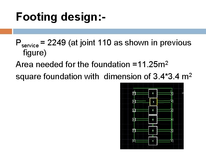 Footing design: Pservice = 2249 (at joint 110 as shown in previous figure) Area