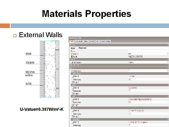 Materials Properties External Walls U-Value=0. 387 W/m²-K 
