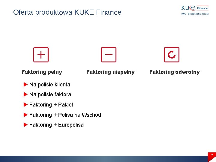 Oferta produktowa KUKE Finance Faktoring pełny Faktoring niepełny Faktoring odwrotny Na polisie klienta Na