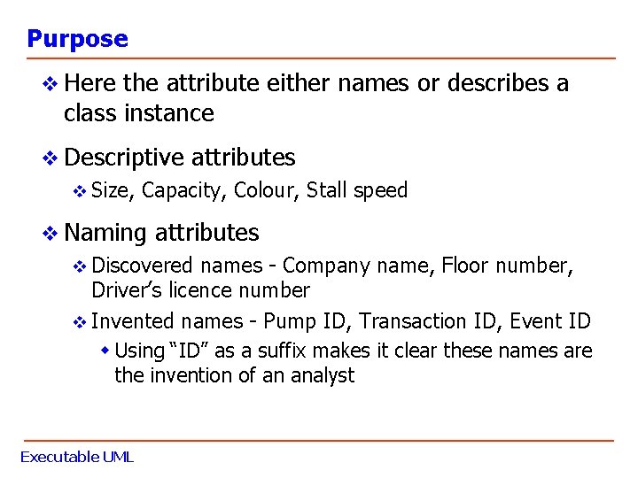 Purpose v Here the attribute either names or describes a class instance v Descriptive