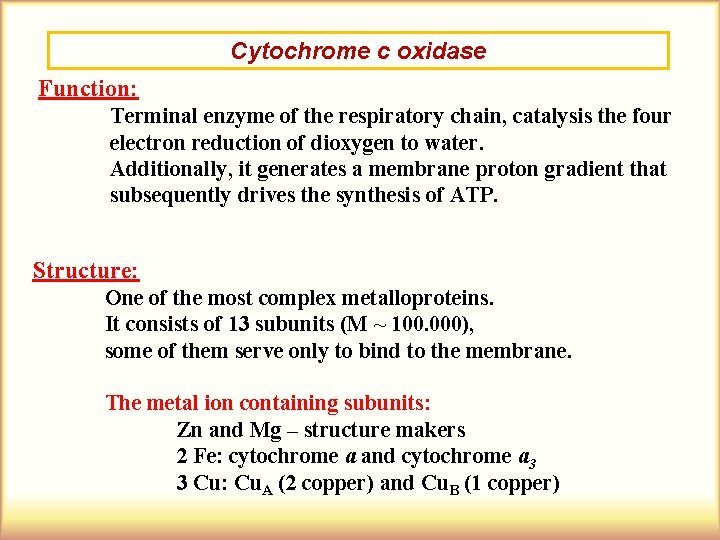 Cytochrome c oxidase Function: Terminal enzyme of the respiratory chain, catalysis the four electron