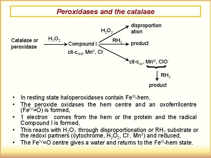 Peroxidases and the catalase H 2 O 2 Catalase or peroxidase H 2 O