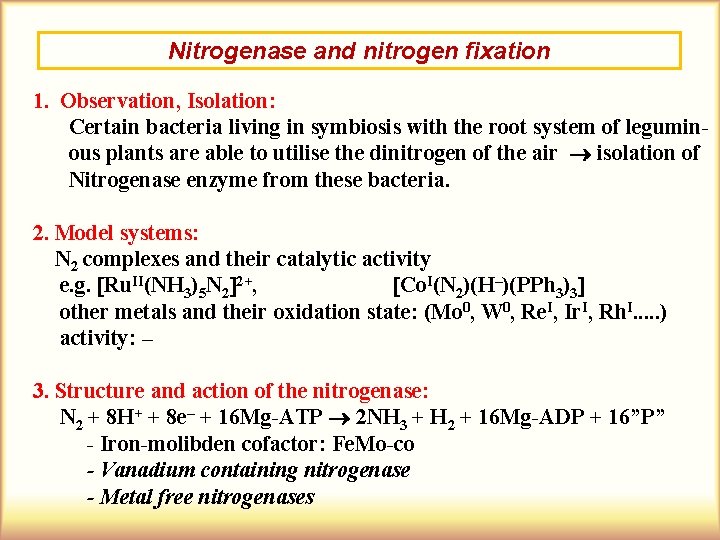 Nitrogenase and nitrogen fixation 1. Observation, Isolation: Certain bacteria living in symbiosis with the