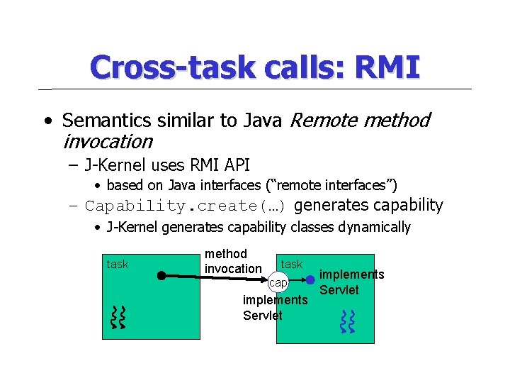 Cross-task calls: RMI • Semantics similar to Java Remote method invocation – J-Kernel uses