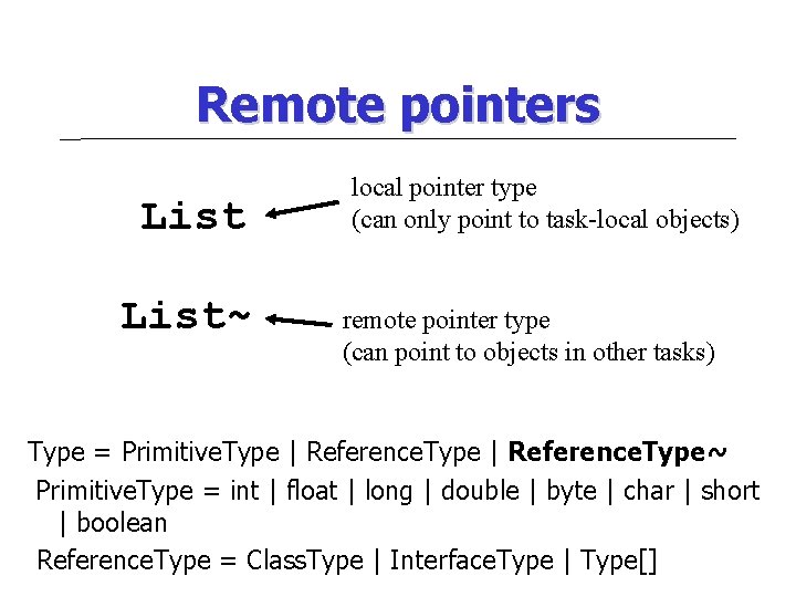 Remote pointers List~ local pointer type (can only point to task-local objects) remote pointer