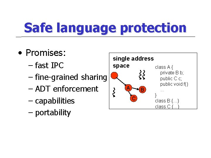 Safe language protection • Promises: – fast IPC – fine-grained sharing – ADT enforcement