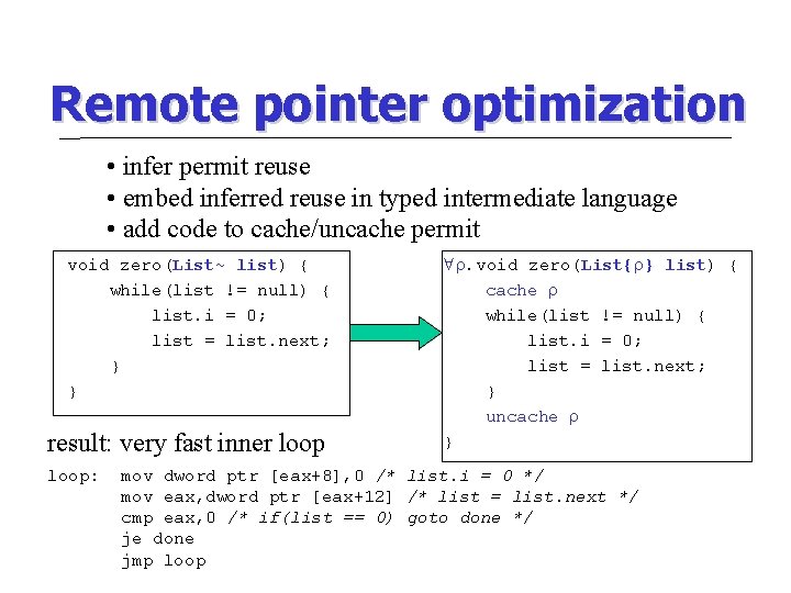 Remote pointer optimization • infer permit reuse • embed inferred reuse in typed intermediate