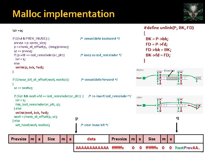 Malloc implementation #define unlink(P, BK, FD) { BK = P->bk; FD = P->fd; FD->bk