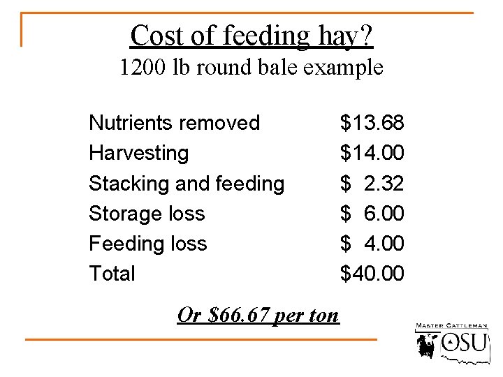 Cost of feeding hay? 1200 lb round bale example Nutrients removed Harvesting Stacking and