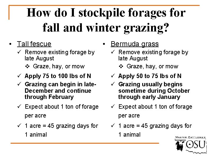 How do I stockpile forages for fall and winter grazing? • Tall fescue •