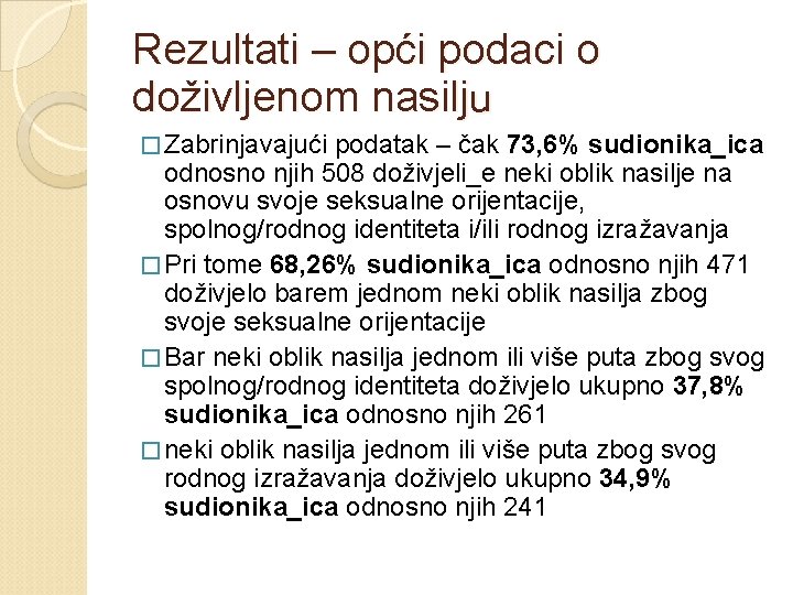 Rezultati – opći podaci o doživljenom nasilju � Zabrinjavajući podatak – čak 73, 6%