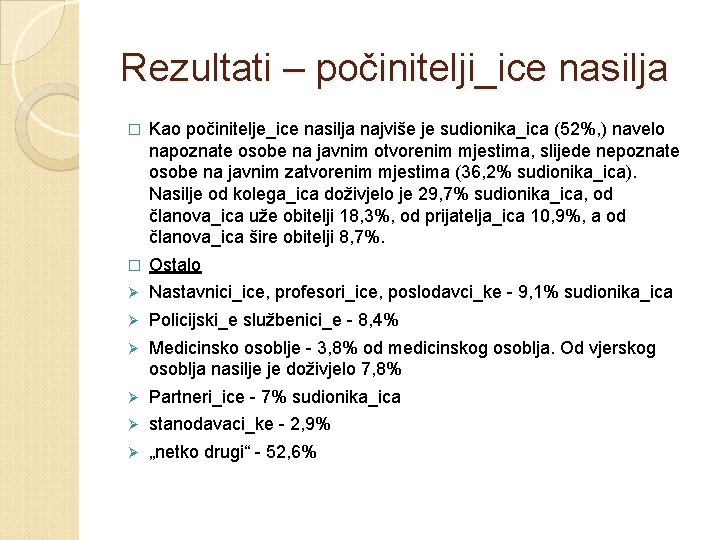 Rezultati – počinitelji_ice nasilja � Kao počinitelje_ice nasilja najviše je sudionika_ica (52%, ) navelo