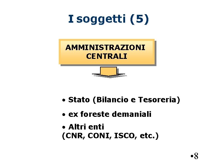 I soggetti (5) AMMINISTRAZIONI CENTRALI • Stato (Bilancio e Tesoreria) • ex foreste demaniali