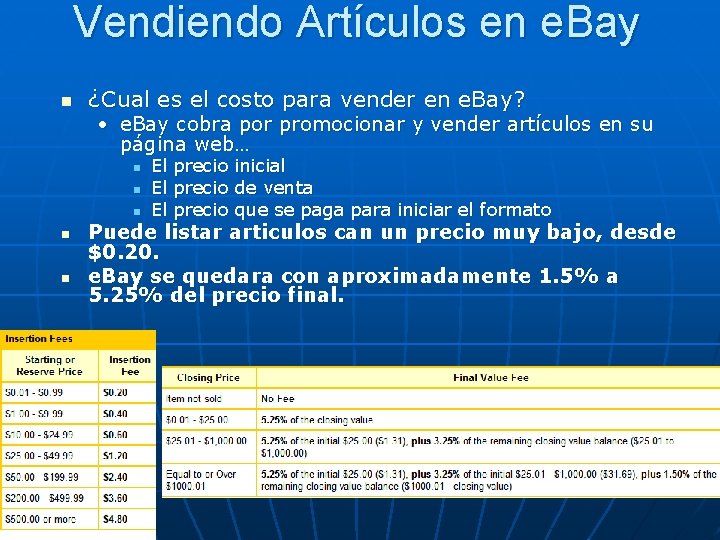 Vendiendo Artículos en e. Bay n ¿Cual es el costo para vender en e.