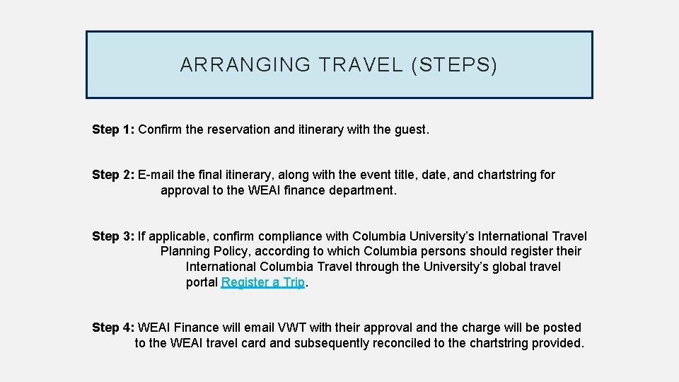 ARRANGING TRAVEL (STEPS) Step 1: Confirm the reservation and itinerary with the guest. Step