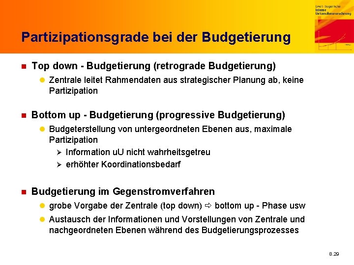 Partizipationsgrade bei der Budgetierung n Top down - Budgetierung (retrograde Budgetierung) l Zentrale leitet
