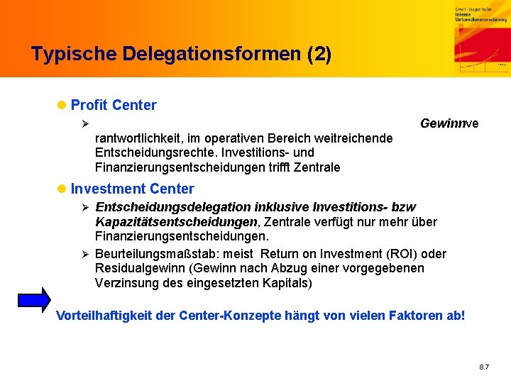 Typische Delegationsformen (2) l Profit Center Gewinnve Ø rantwortlichkeit, im operativen Bereich weitreichende Entscheidungsrechte.