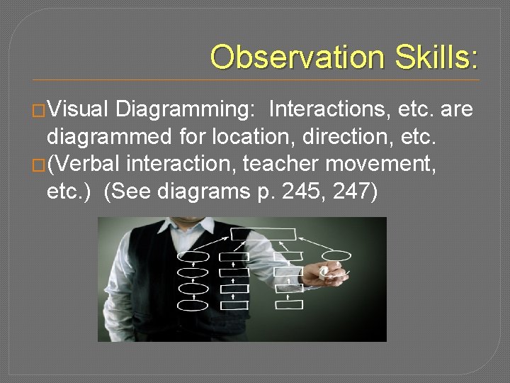 Observation Skills: �Visual Diagramming: Interactions, etc. are diagrammed for location, direction, etc. �(Verbal interaction,