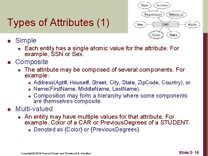 Types of Attributes (1) n Simple n n Each entity has a single atomic