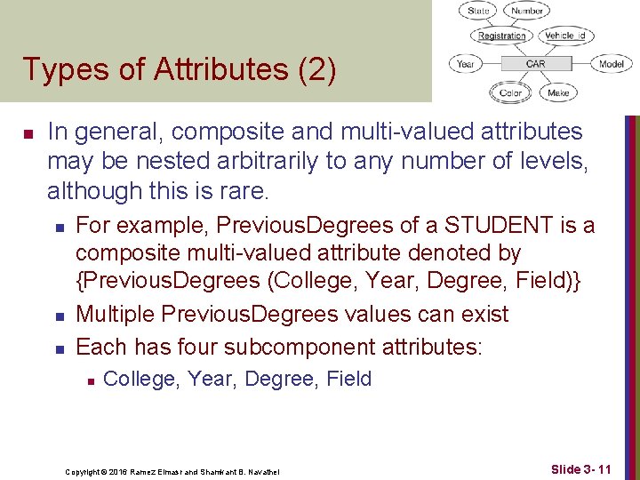 Types of Attributes (2) n In general, composite and multi-valued attributes may be nested