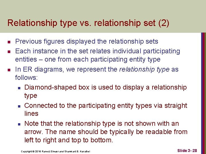 Relationship type vs. relationship set (2) n n n Previous figures displayed the relationship