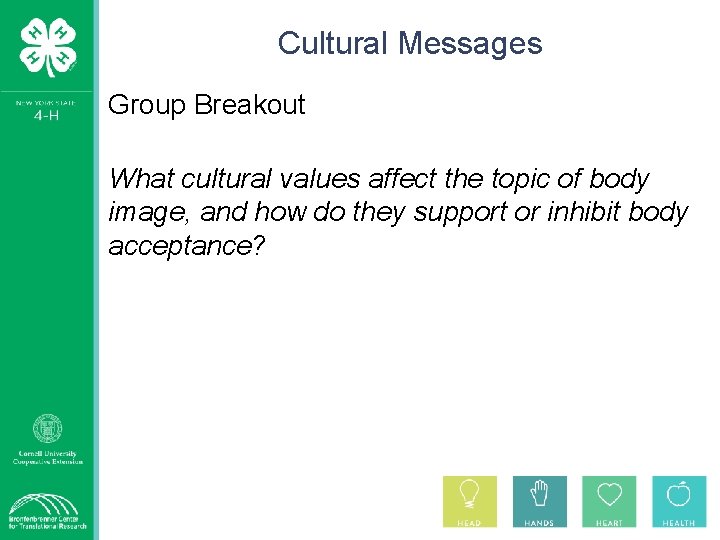 Cultural Messages Group Breakout What cultural values affect the topic of body image, and