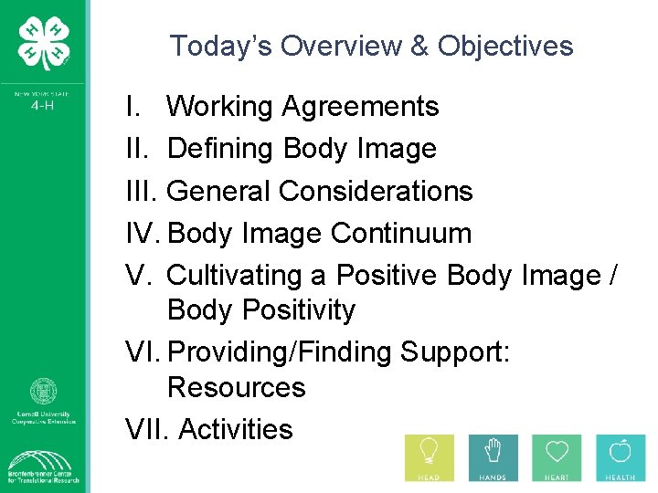 Today’s Overview & Objectives I. Working Agreements II. Defining Body Image III. General Considerations