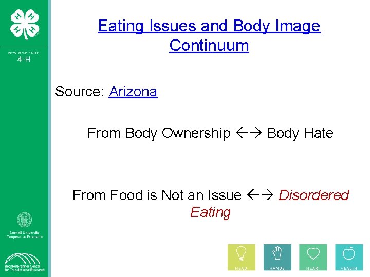 Eating Issues and Body Image Continuum Source: Arizona From Body Ownership Body Hate From