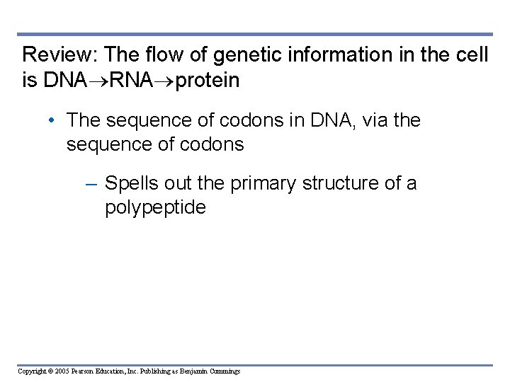 Review: The flow of genetic information in the cell is DNA RNA protein •
